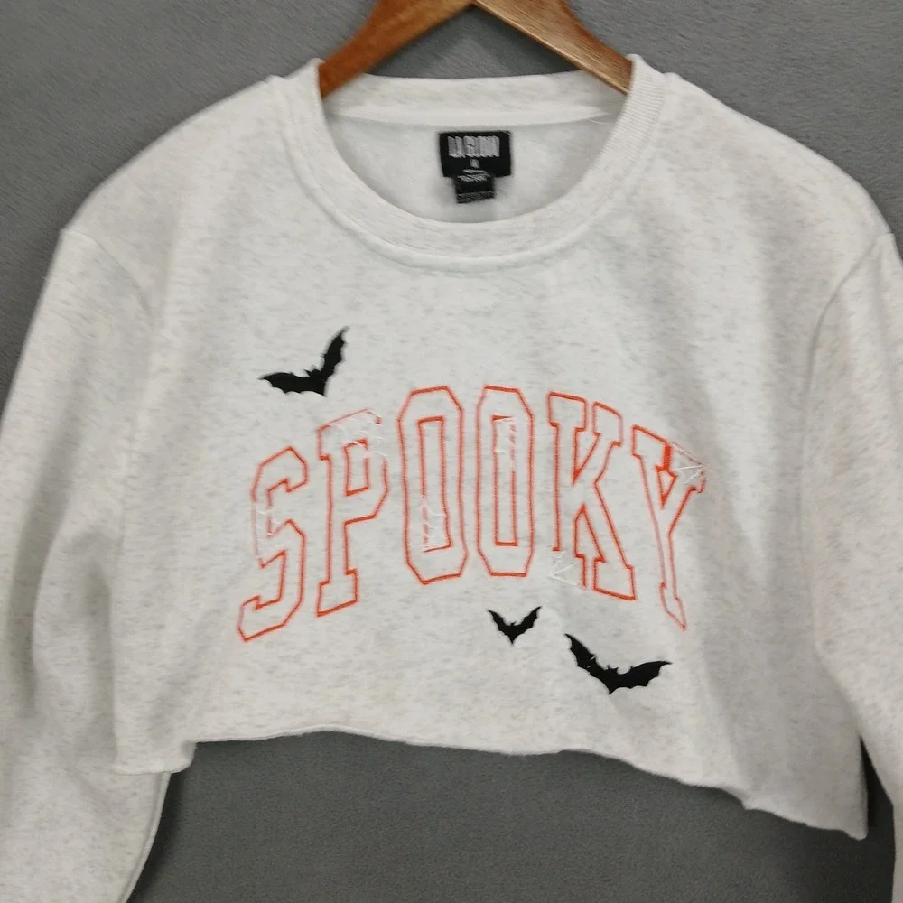 LA Glow Cropped Halloween‎ Sweatshirt Womens Medium White Spooky Fleece Lined